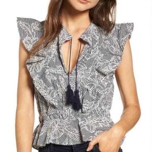 Mcguire Striped Ruffled Floral Embroidered
Eyelet Tassel Peplum Blouse